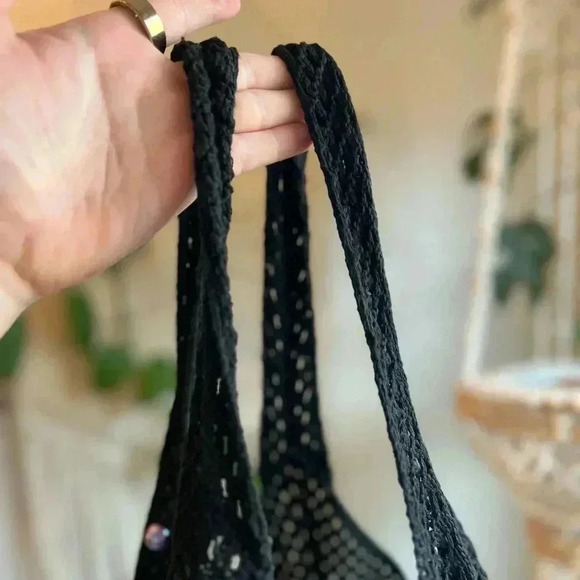 Boho Crochet Black Tote Bag with Colorful Beads - 15x12 Handmade Market Bag - Picture 8 of 9